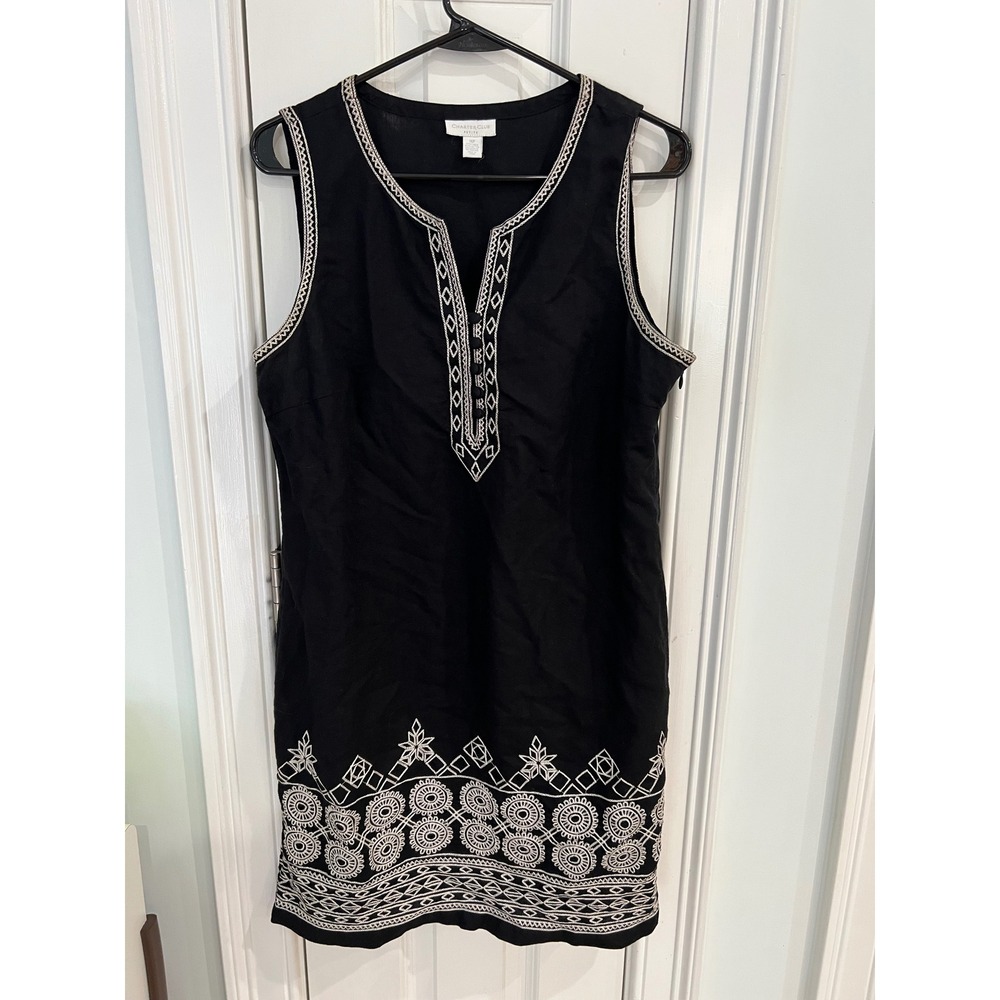 Charter Club 14Petite Black Linen Cotton Embroidered Shift Dress Boho Sleeveless